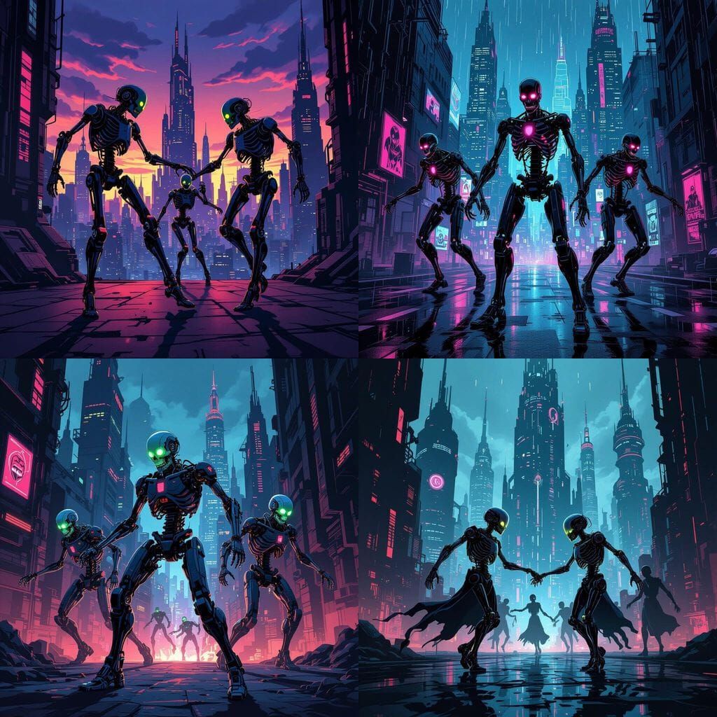 Luminous Skeletal Cyborgs Dance in Gothic Metropolis