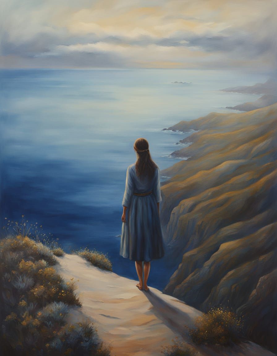 Woman Steps Into Infinity Over Vast Seascape in Mystical Oil...