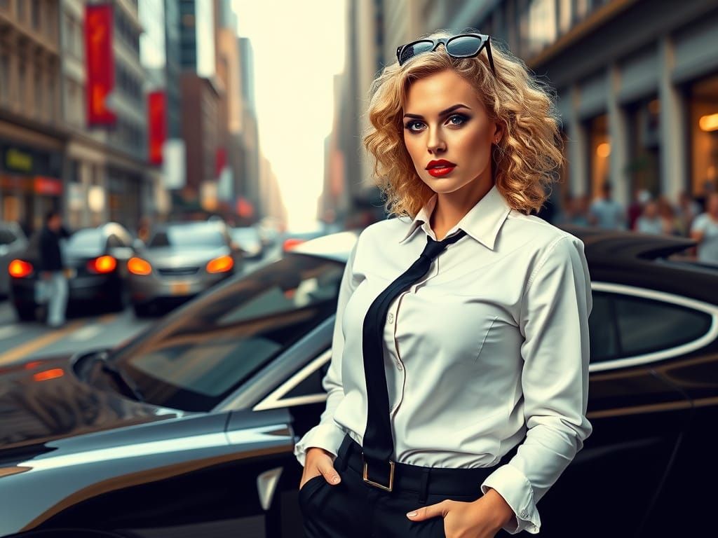 Confident Businesswoman Showcases Luxury Car in High-Contras...