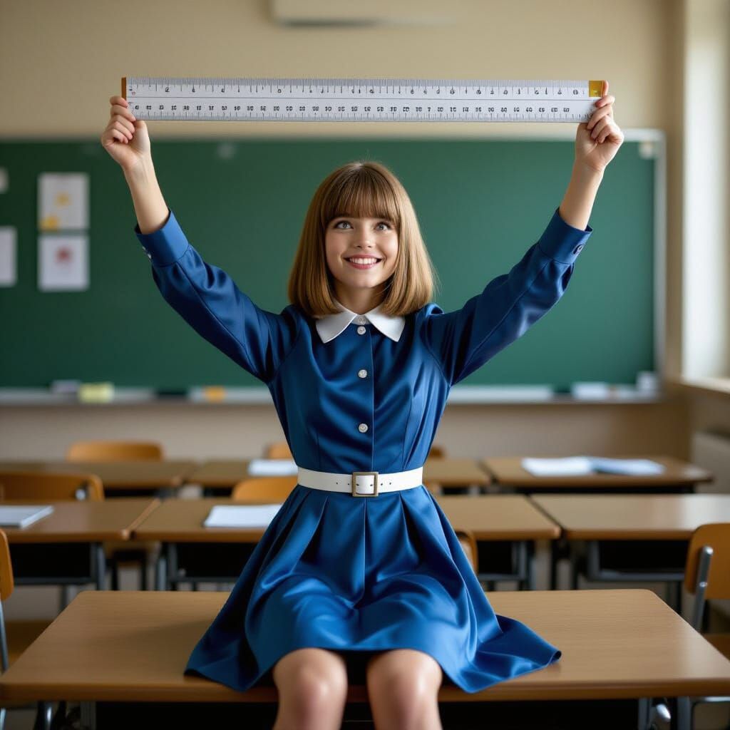 Adorable French Girl Yawning in Classroom, Holding Ruler
