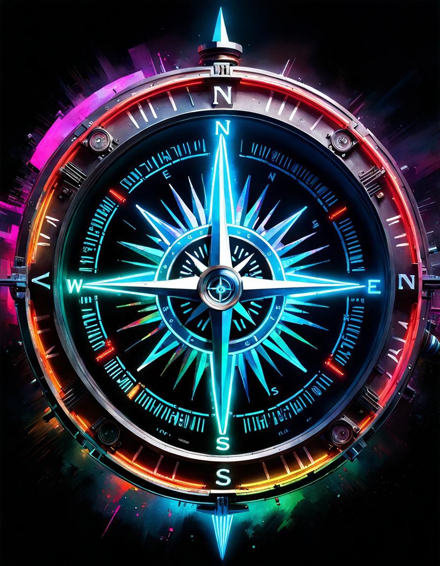 Cyberpunk Neon Compass Watercolour Painting