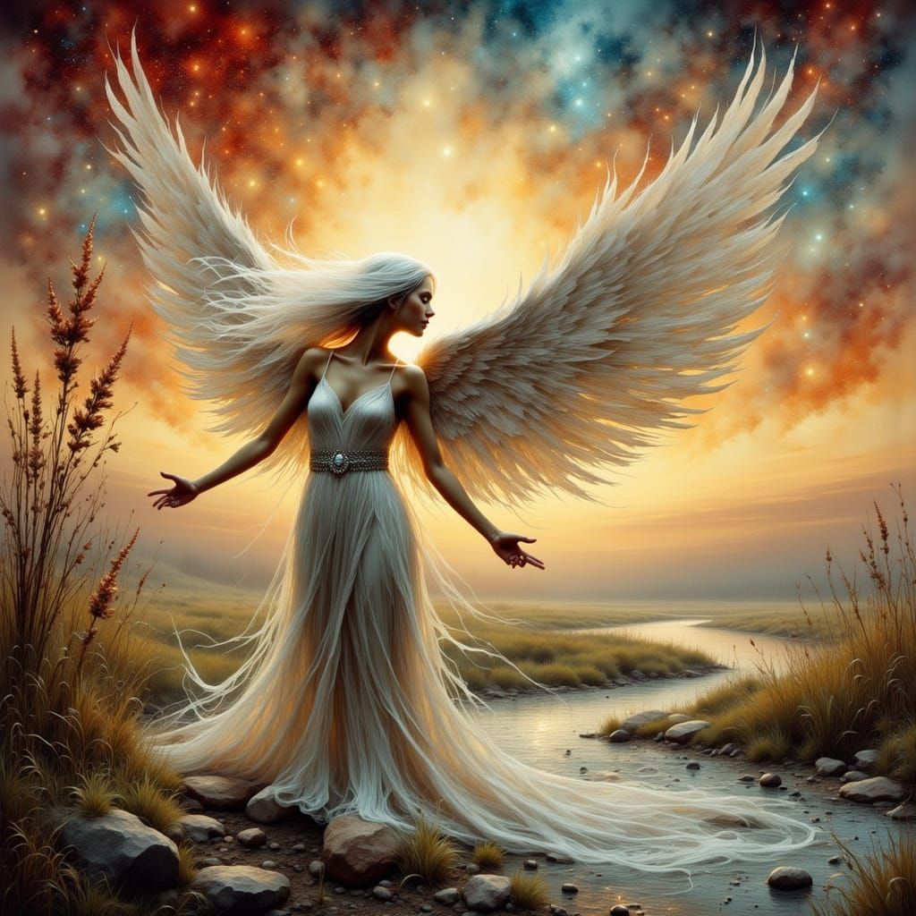 Grunge Angel Reaching for Texas Skies in Art Nouveau Style