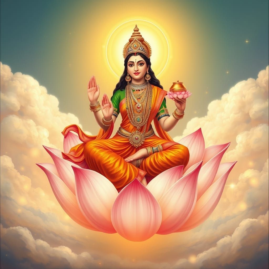 Goddess Lakshmi on Lotus, Traditional Indian Art