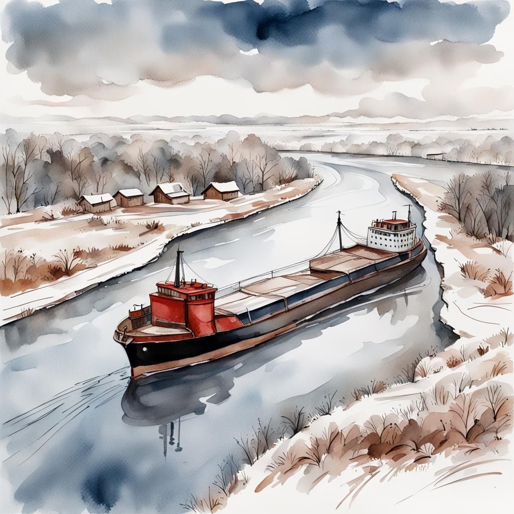 Winter River Barge in Ink and Watercolor Style