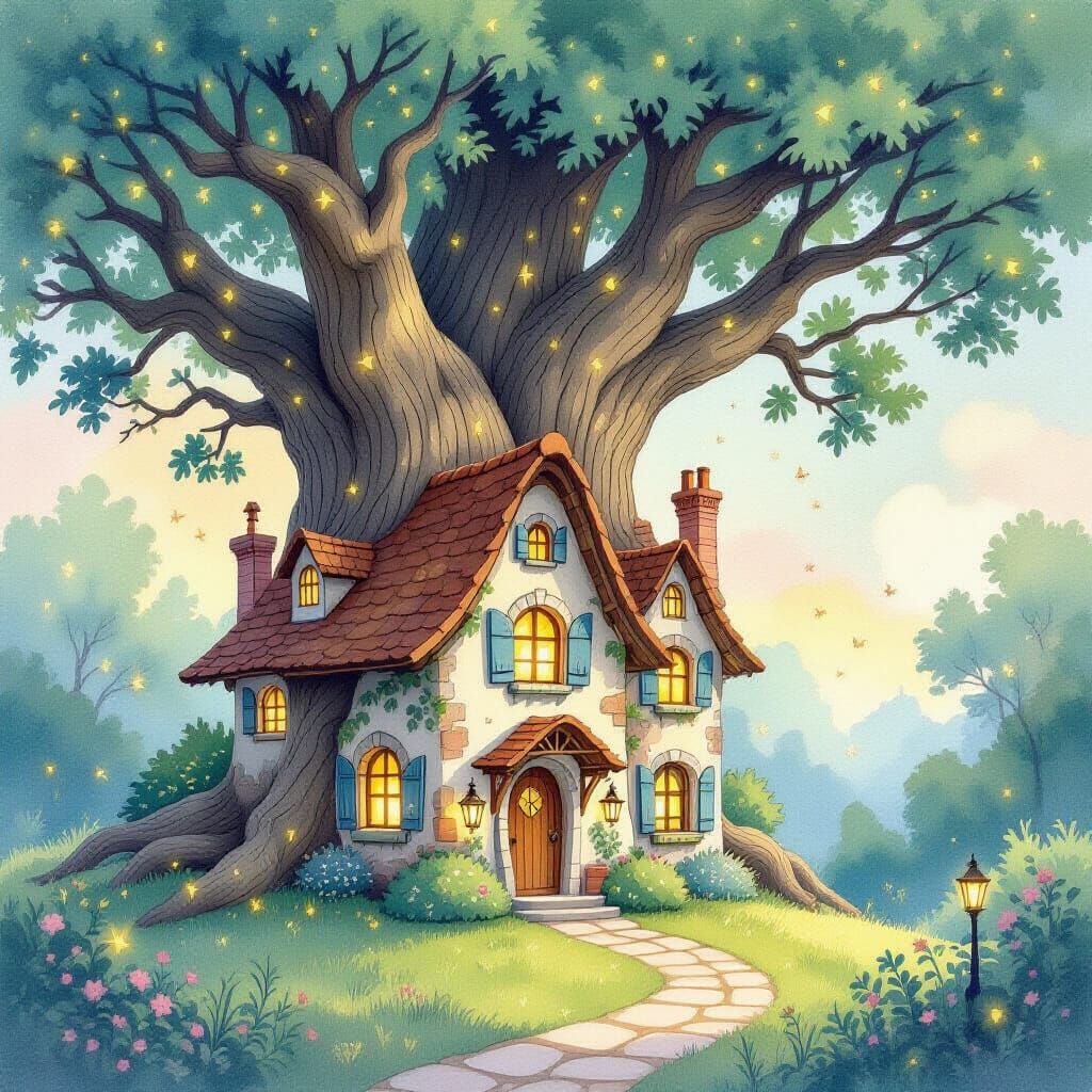 Enchanted Villa in Ancient Tree, Whimsical Watercolor Style