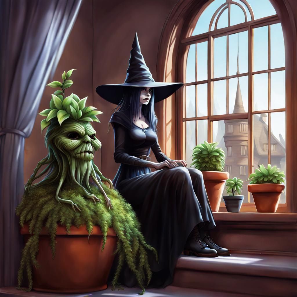 Witch and Fantasy Plant Monster on Ledge