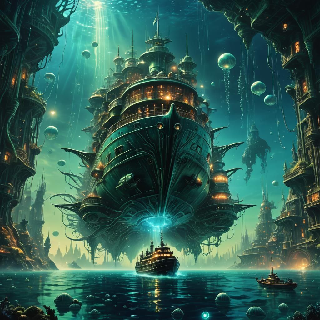 Surreal Underwater City Encounter in Dreamlike Style