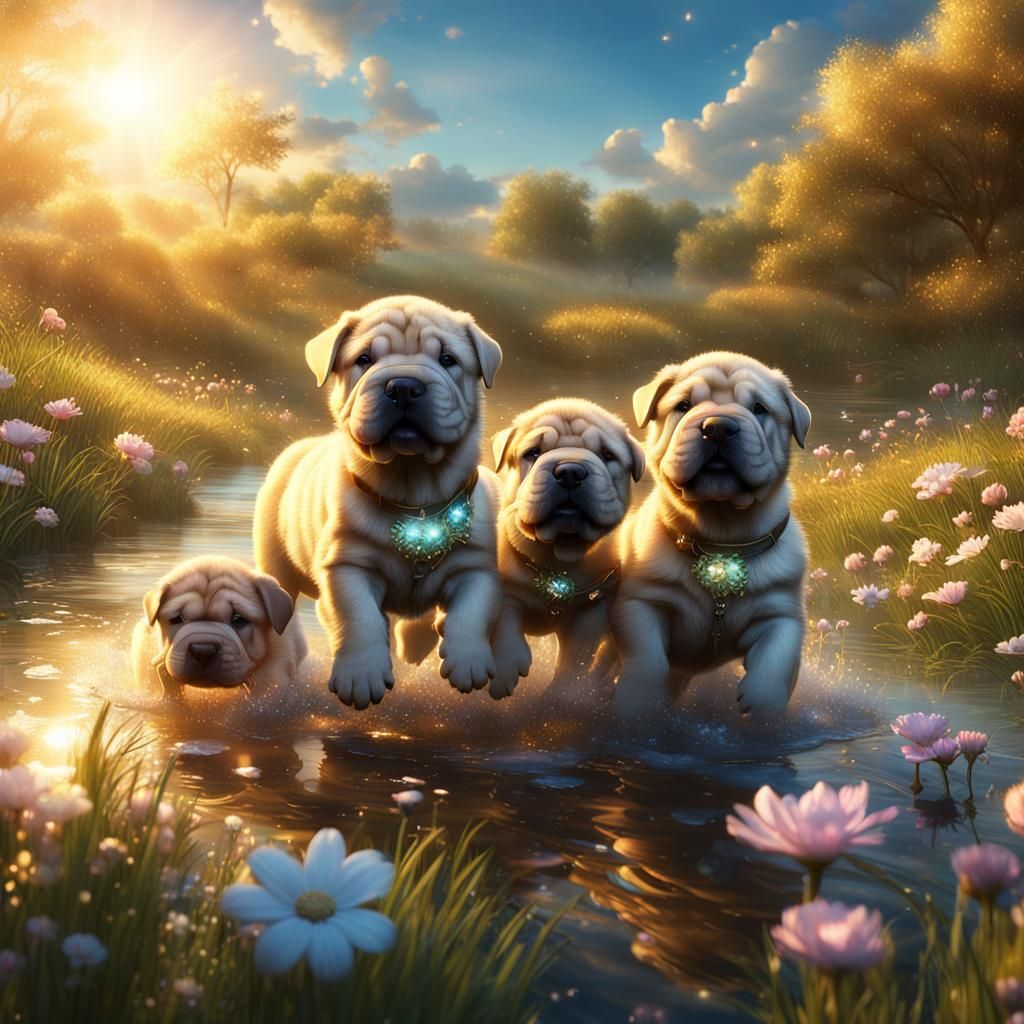 Shar Pei Puppies Frolicking with Fairies in Meadow