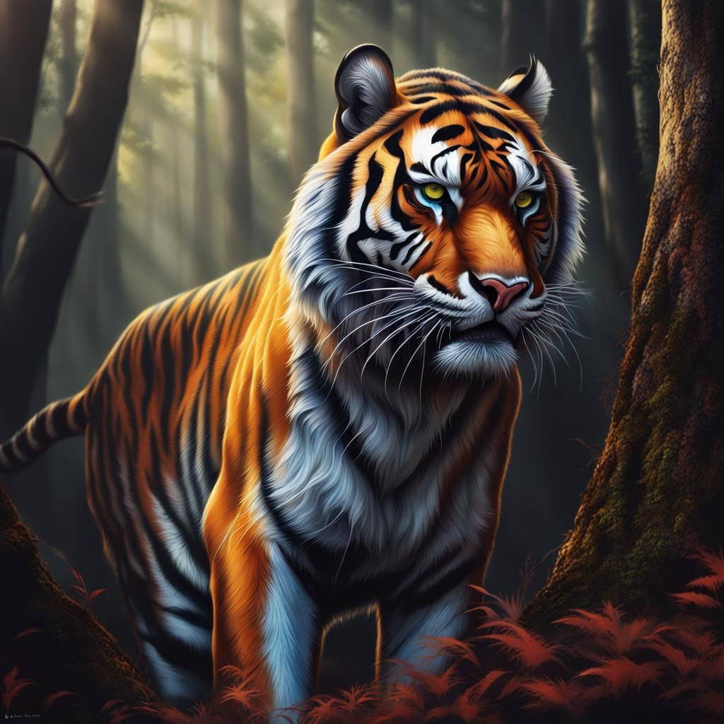 Hyperrealistic Tiger with Piercing Eyes in Dark Forest