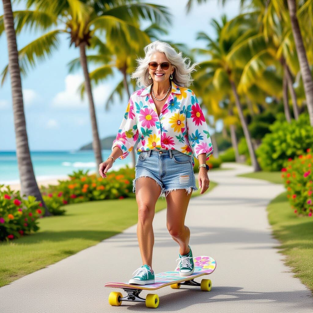 Grandma Skateboarding in Lush Beachside Park