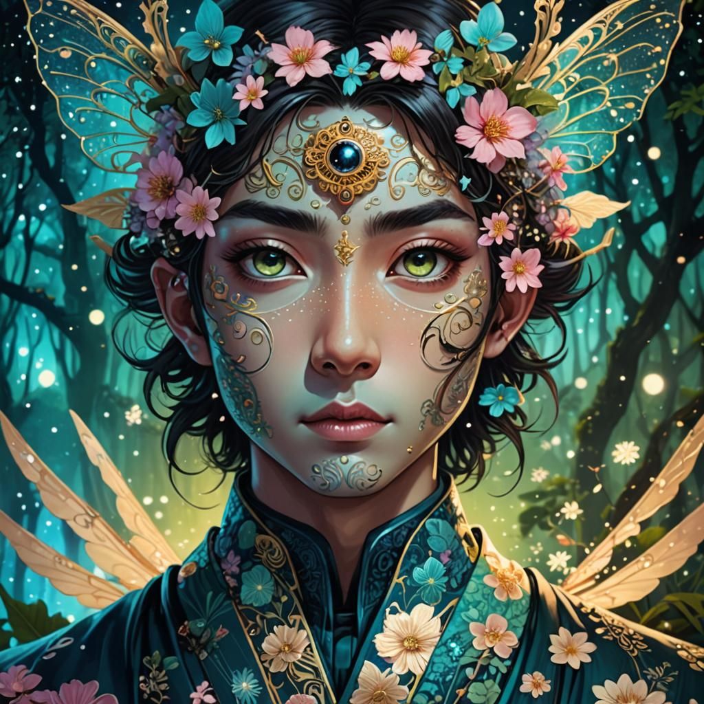 Fairy in Bioluminescent Forest: Steampunk Ink Anime