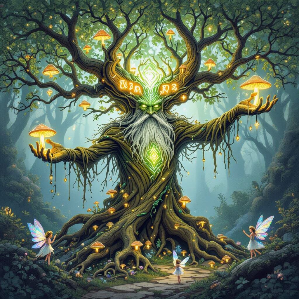 Ancient Treant Guarding Grove With Fairies, Whimsical Storyb...