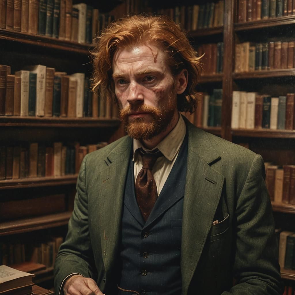 Ugly Scarred Man Reading in Library, Van Gogh Style