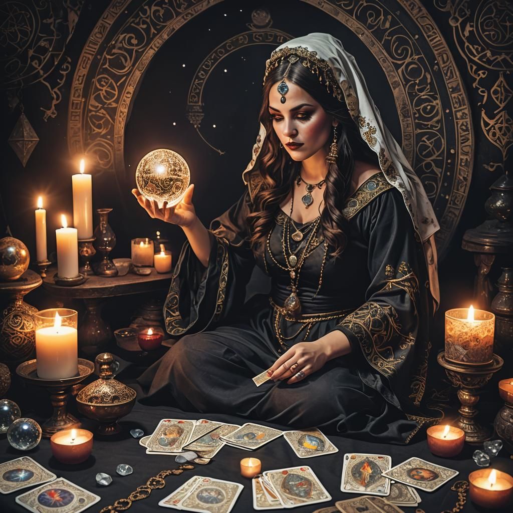 Voluptuous Fortune Teller with Tarot Cards in Dark Scenery
