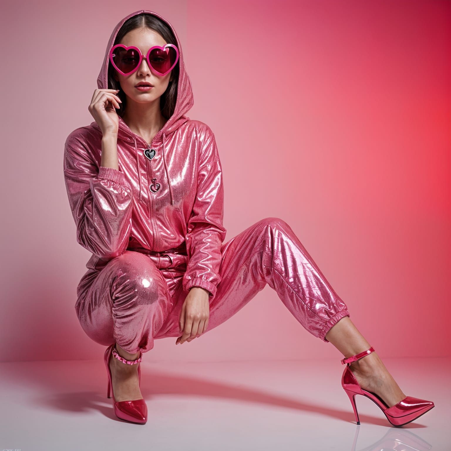 Avant-Garde Model in Pink Sparkling Outfit with Heart Sungla...