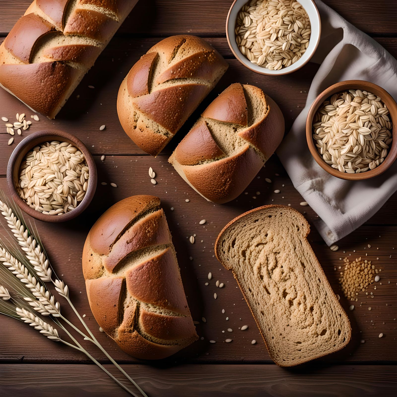 Artisan Wholemeal Breads on Rustic Wooden Table
