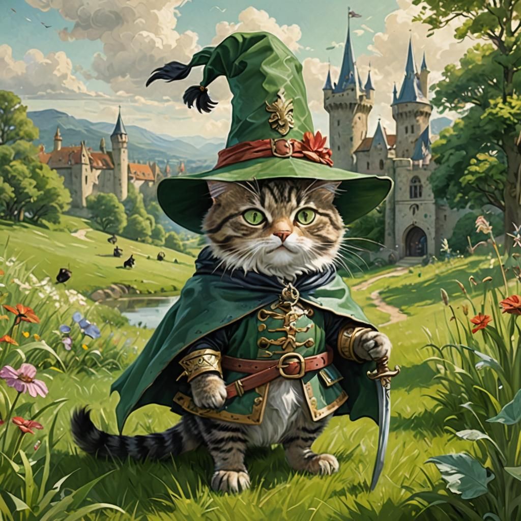 Charming Cat with Hat and Sword in Meadow