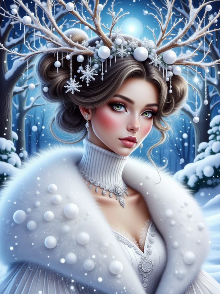Winter Fantasy Portrait of Woman in Snowy Forest
