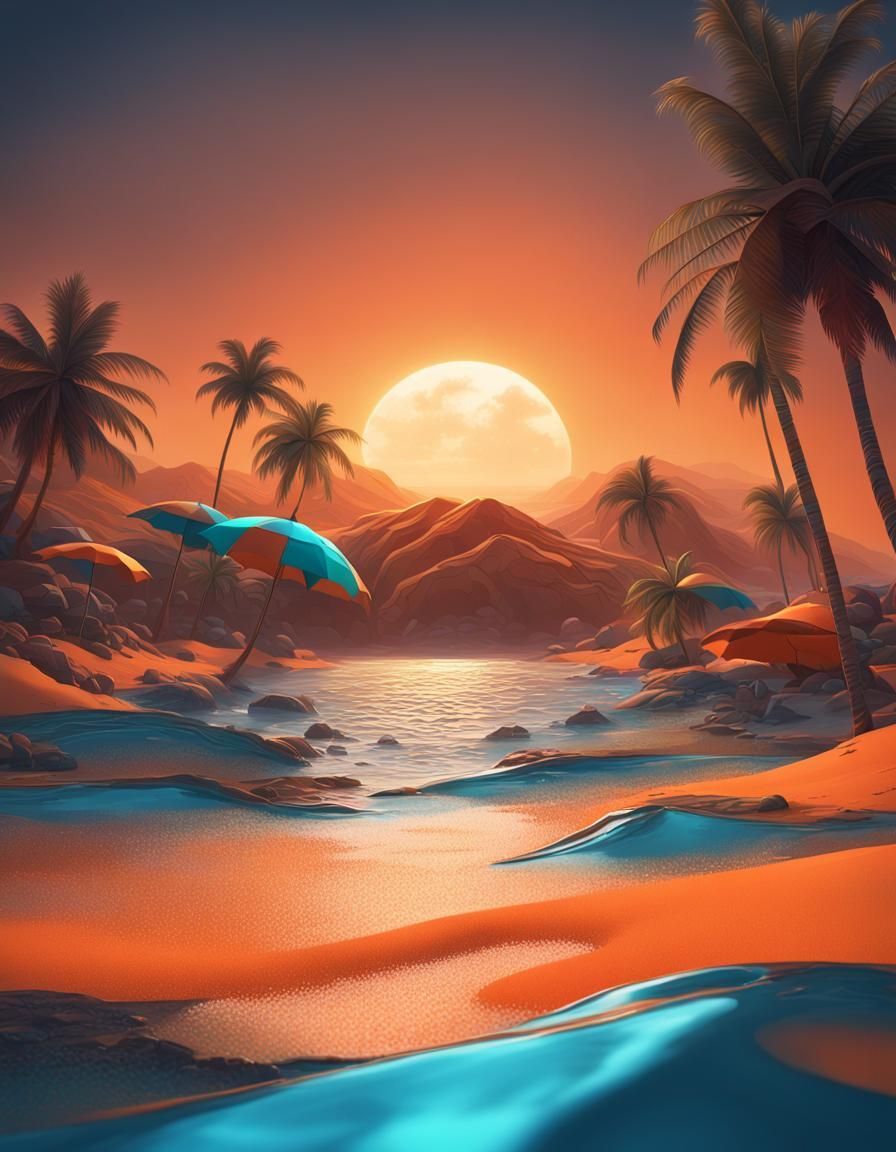 Minimalist Sandy Beach with Sunset in Teal and Orange