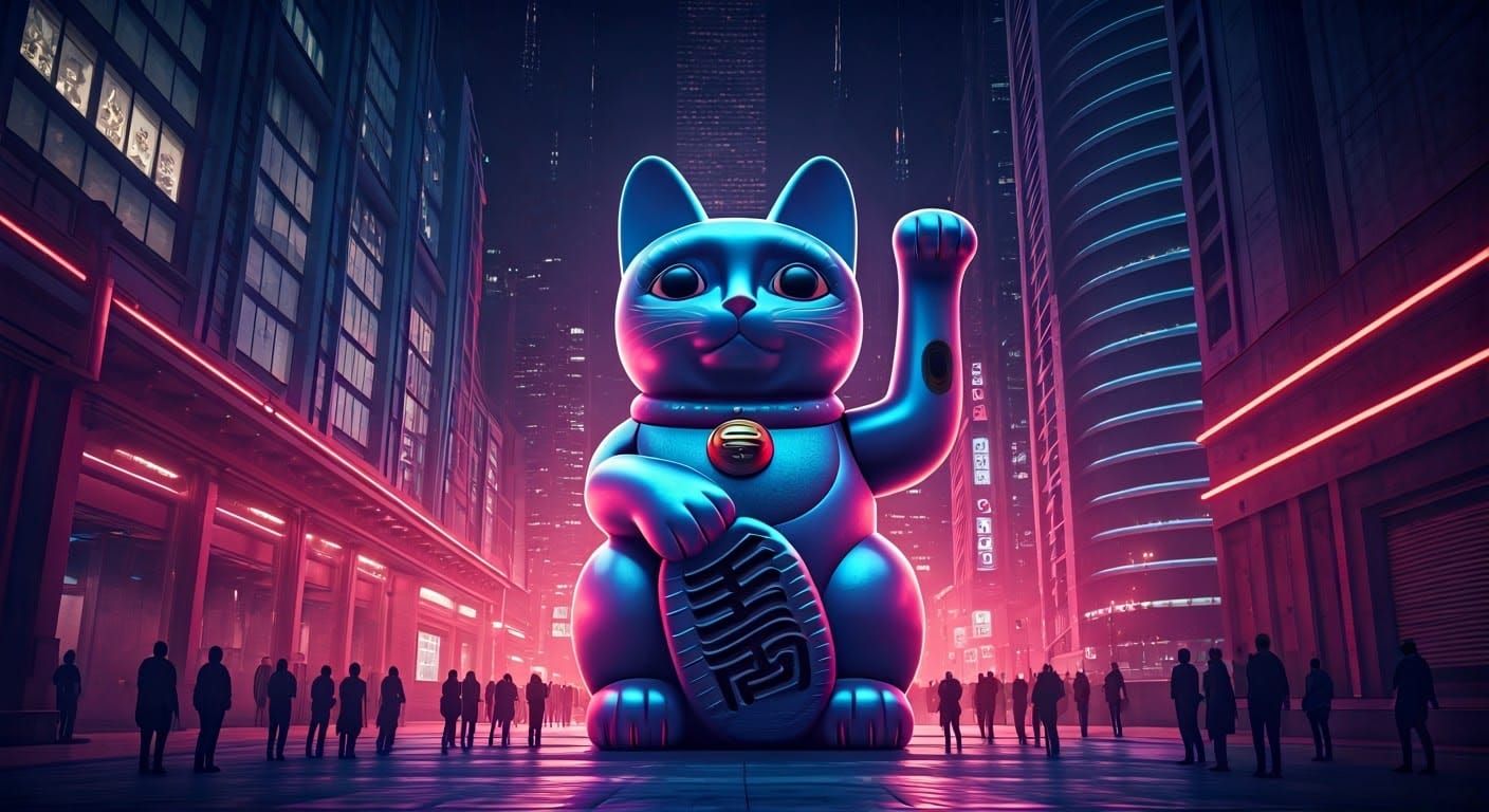 Cyberpunk Maneki-neko Cat in Neon Cityscape