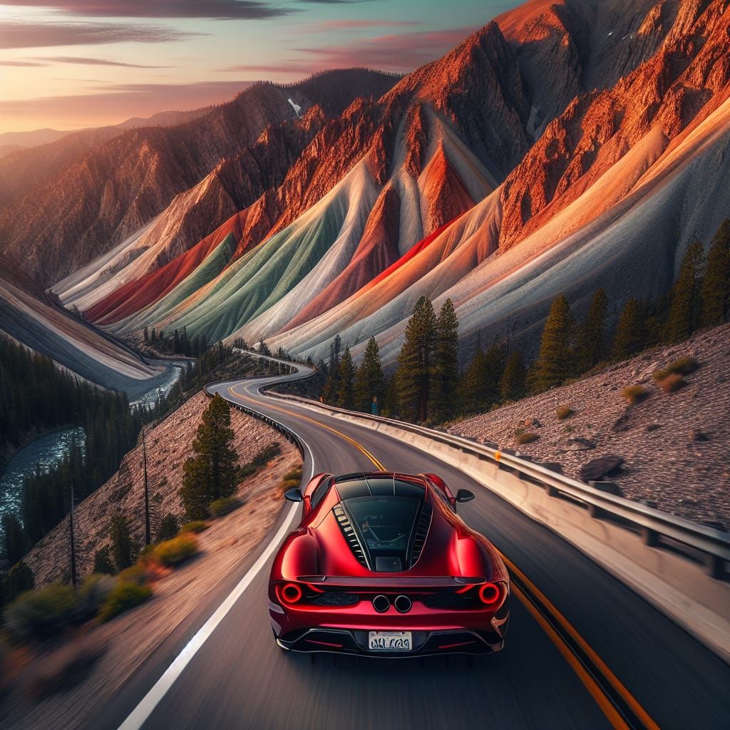 Red Sports Car Cruises Mountain Road at Sunset