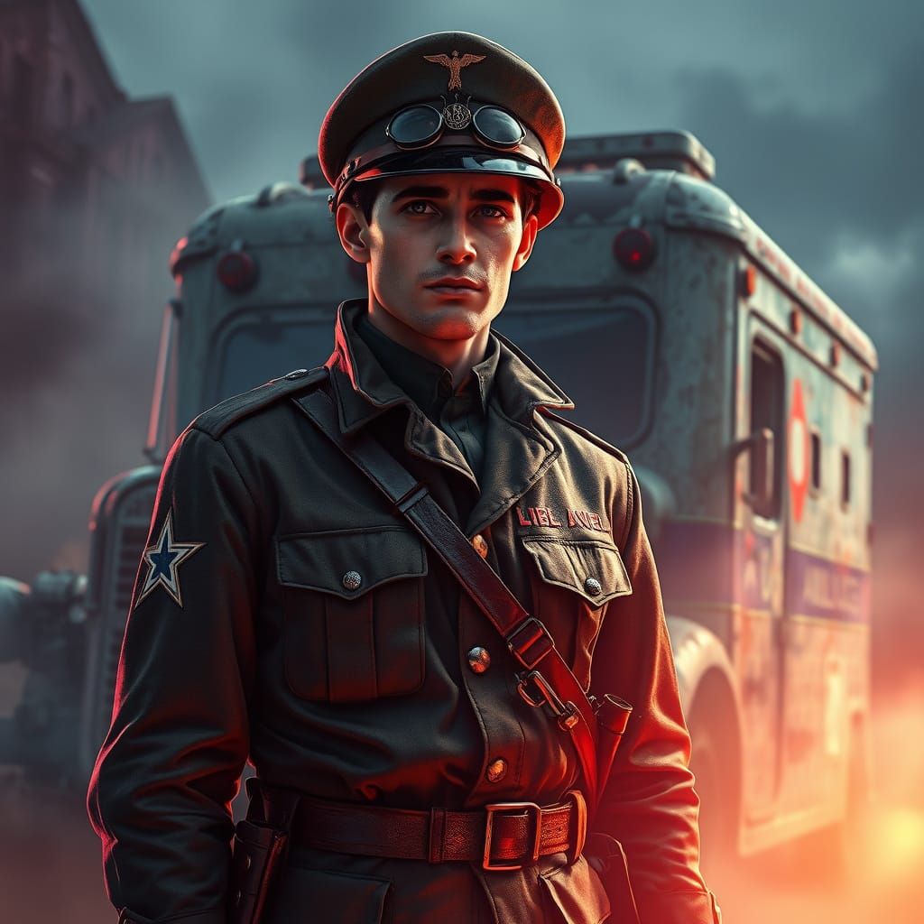 American Soldier in War-Torn Landscape with Ambulance