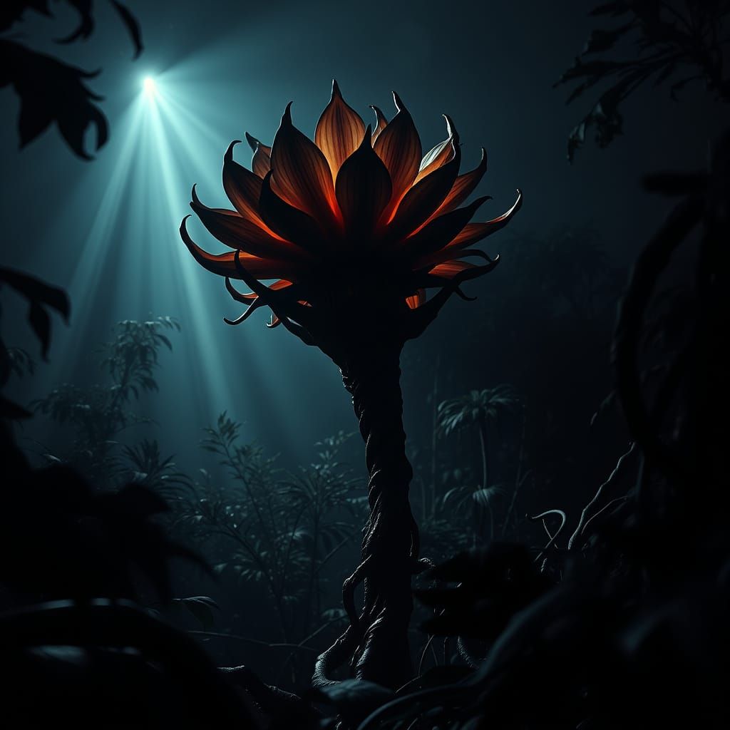 A strange sinister otherworldly alien flowering plant shaped...