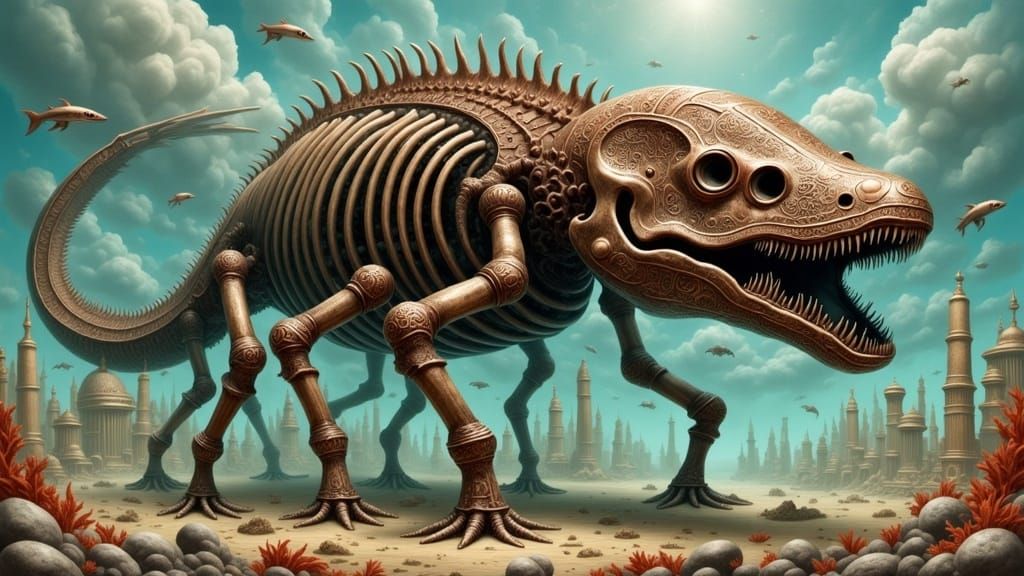 Colossal Armored Hydra-Leviathan Skeleton in Ruined City