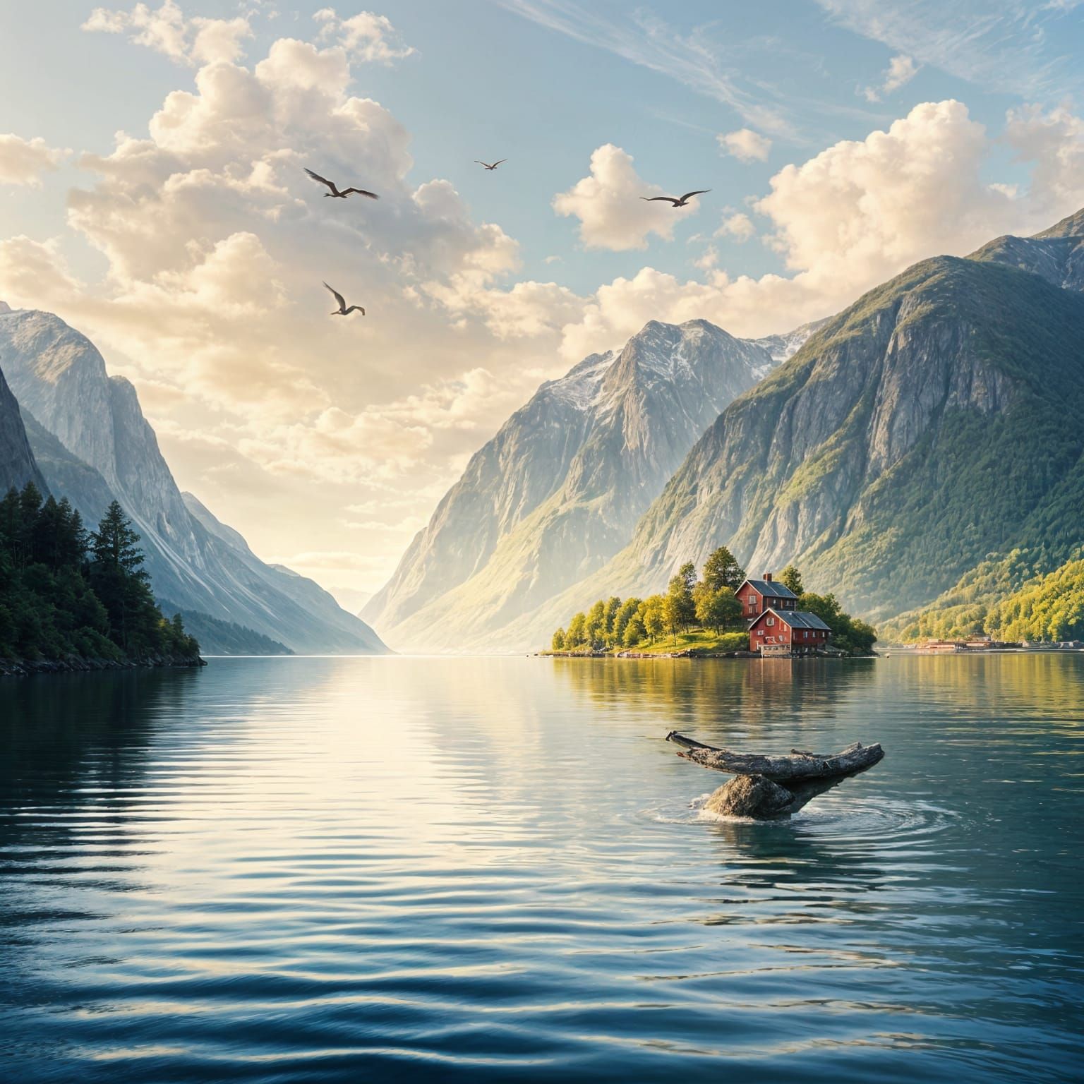 Norwegian Fjord Landscape with Serene Island