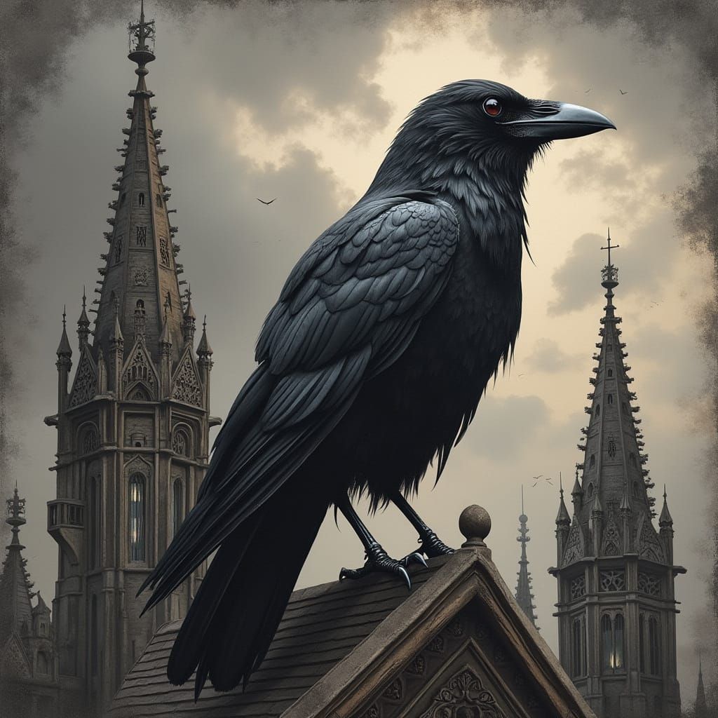 Majestic Raven Silhouetted Against Stormy Gothic Cathedral