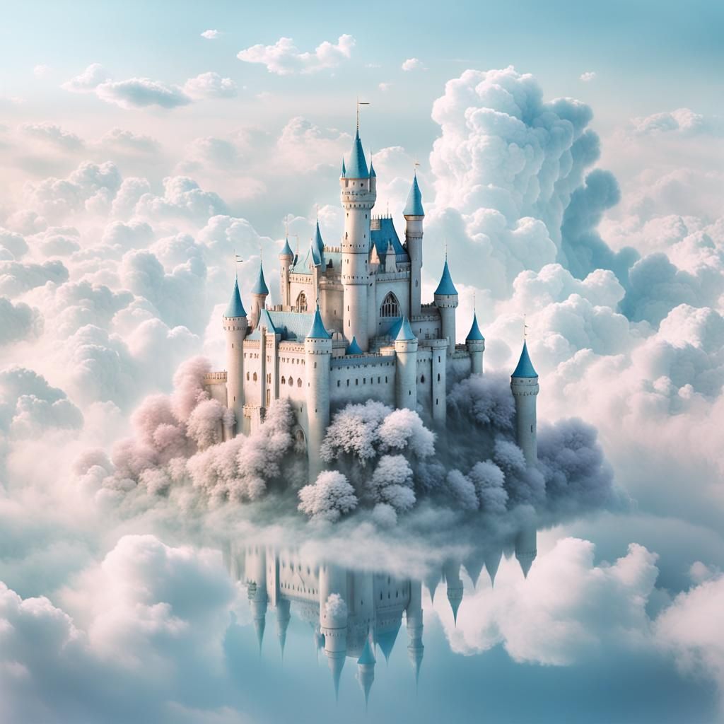 Dreamy Surreal Castle Among Clouds in Pastel Colors