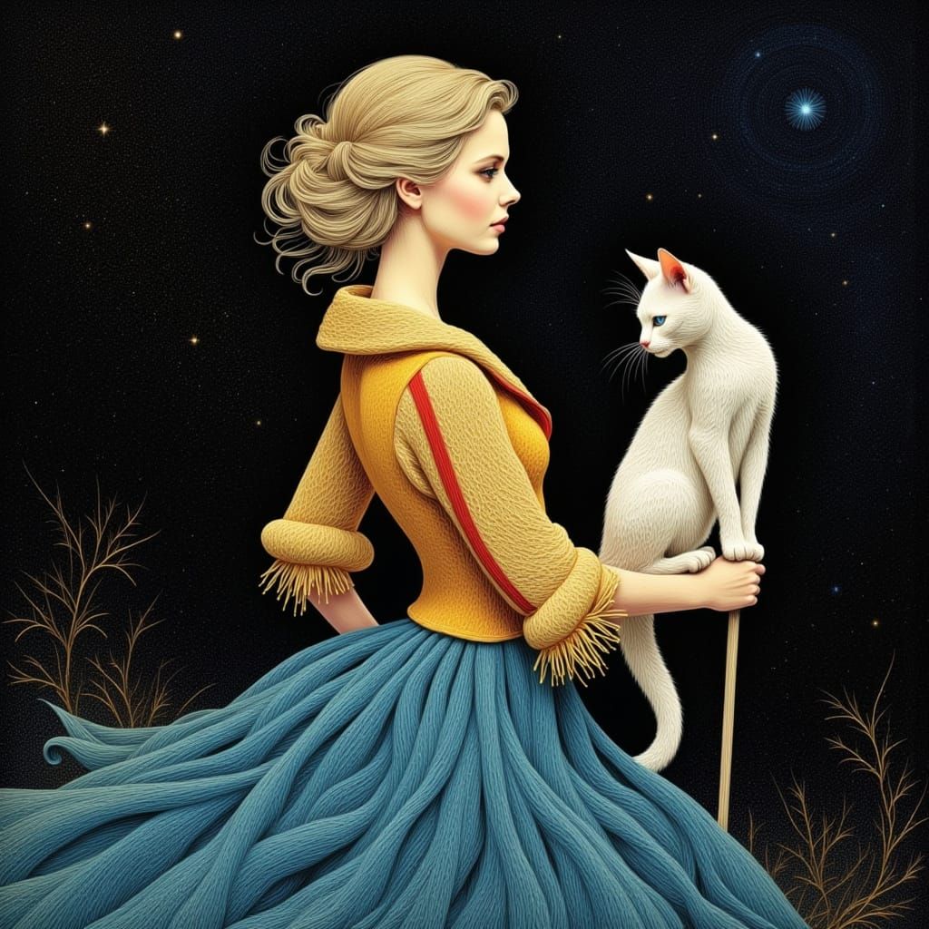 Woman and Cat Under Starry Sky in String Art Style