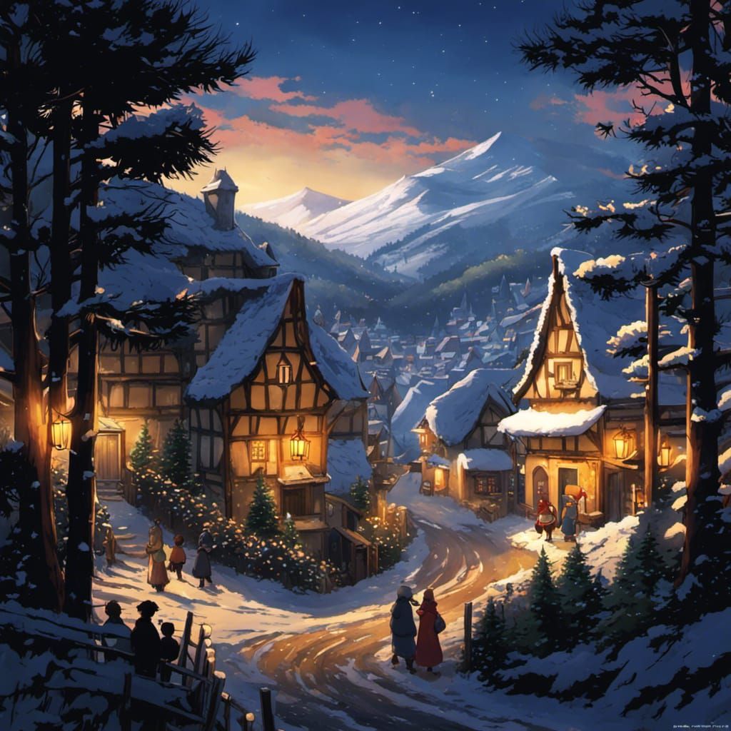 Festive Christmas Village in Anime Style