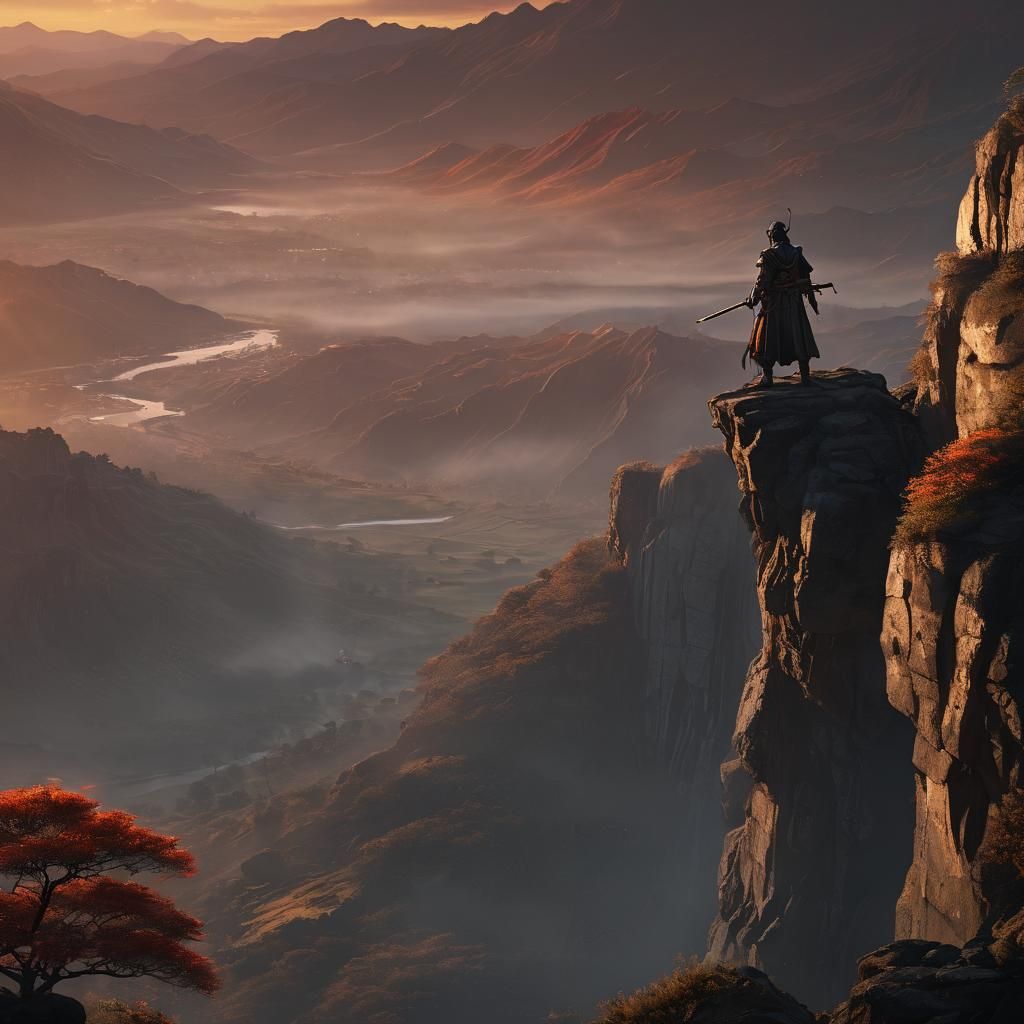 Samurai Overlook: Dark Fantasy Landscape in 8K