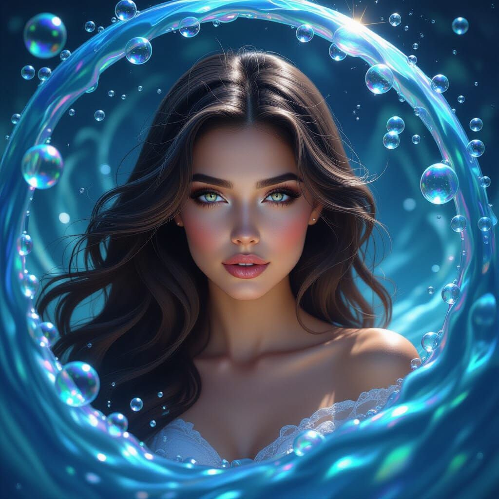 Iridescent Bubbles Surround Ethereal Woman: Hyperrealistic P...