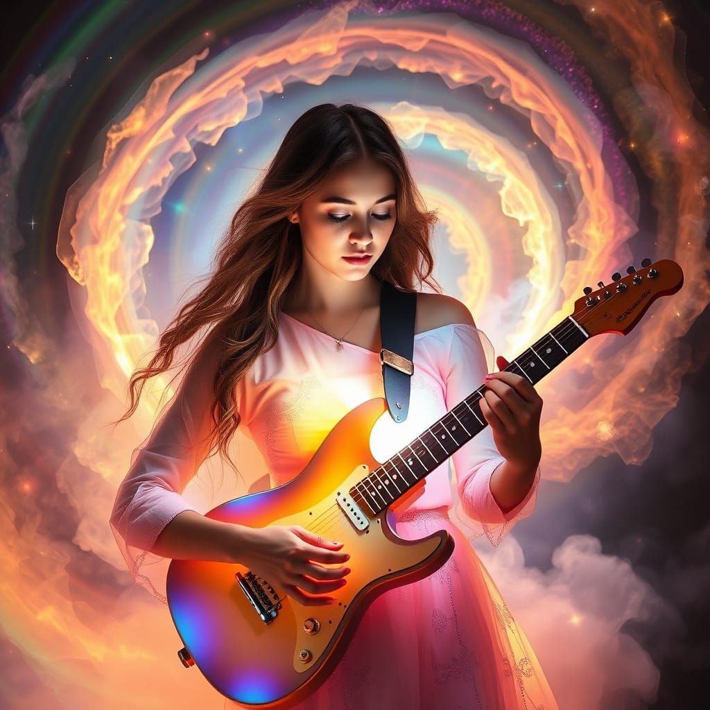 Majestic Siren Guitarist Amidst Spectral Pastel Nebulae