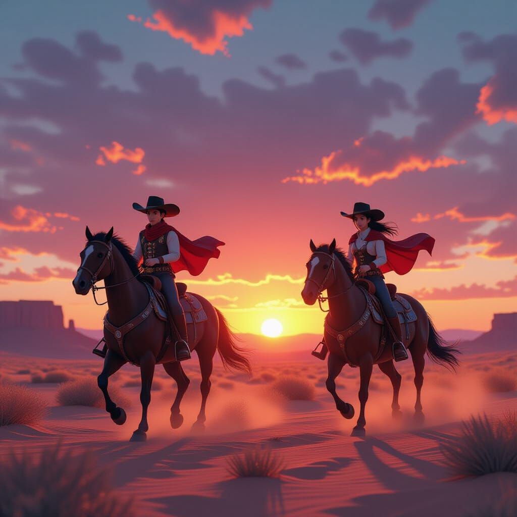 Anime Cowboys Galloping at Desert Sunset in 3D Style