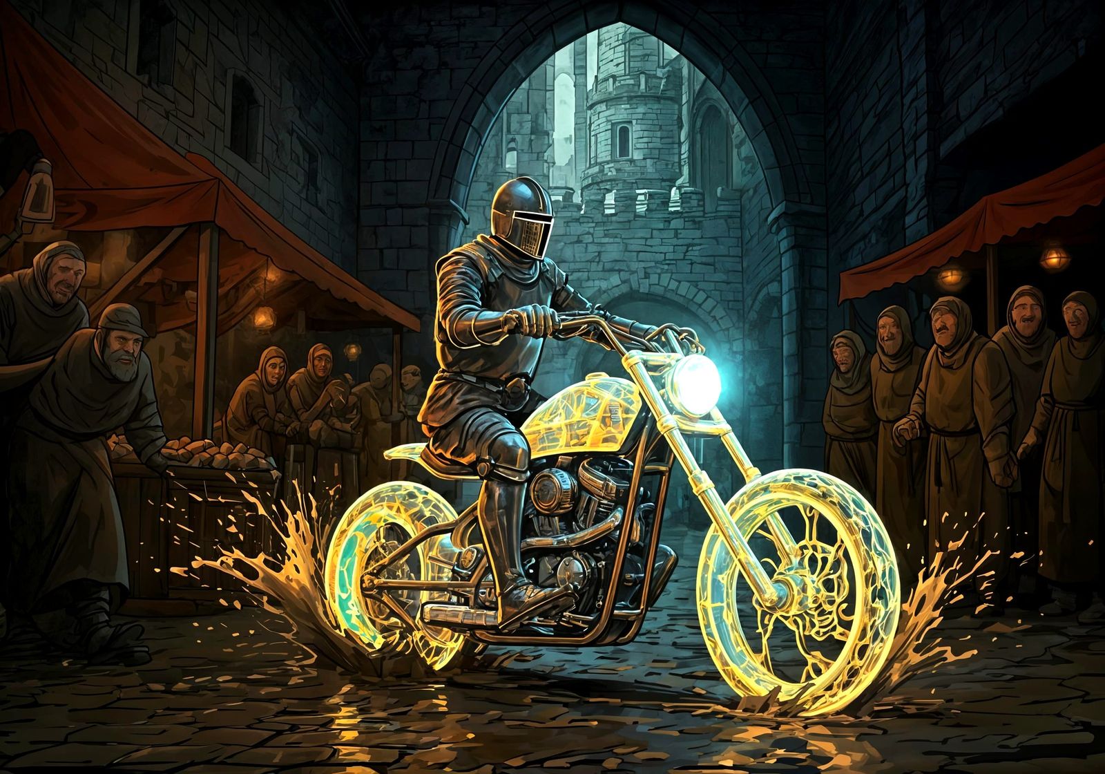 Knight on Cyberpunk Motorcycle in Medieval Market