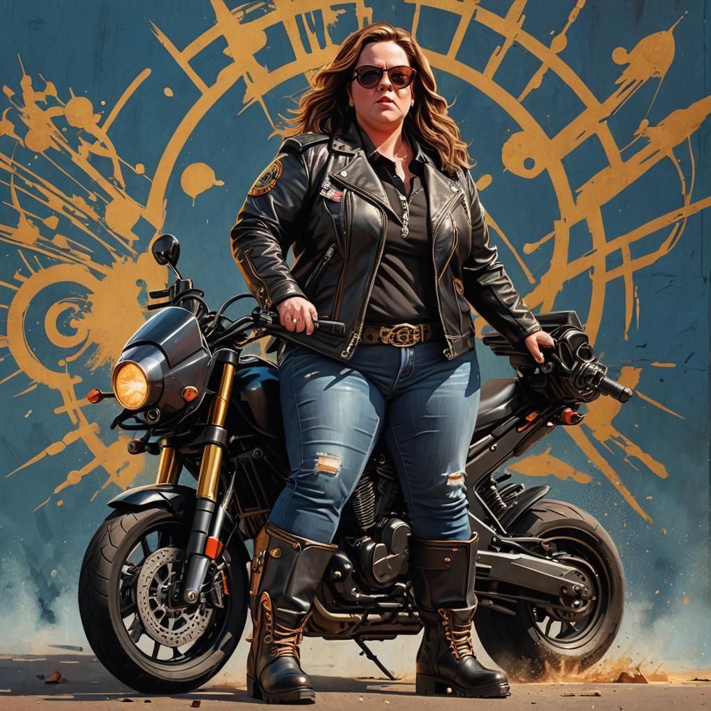 full body picture of   Melissa McCarthy in leather jacket an...