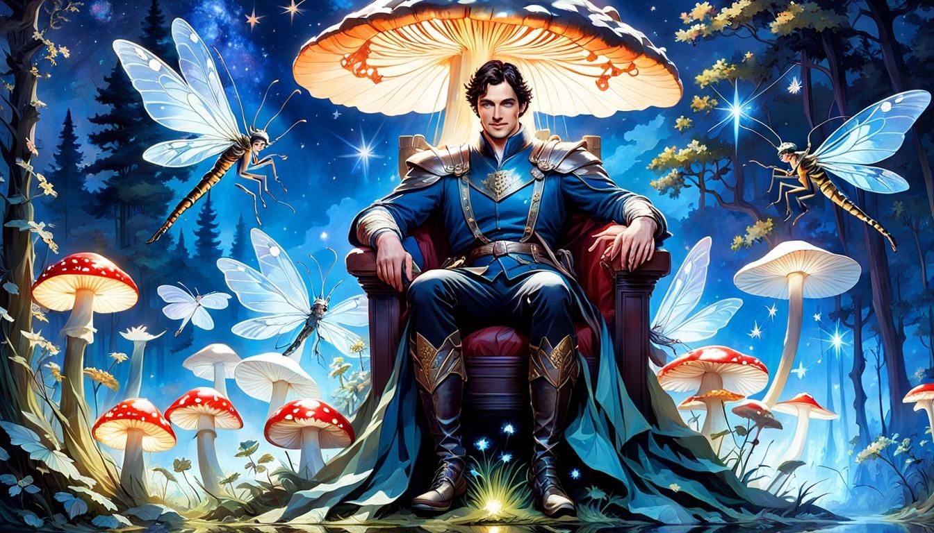 Fairy Prince on Bioluminescent Mushroom, Art Nouveau