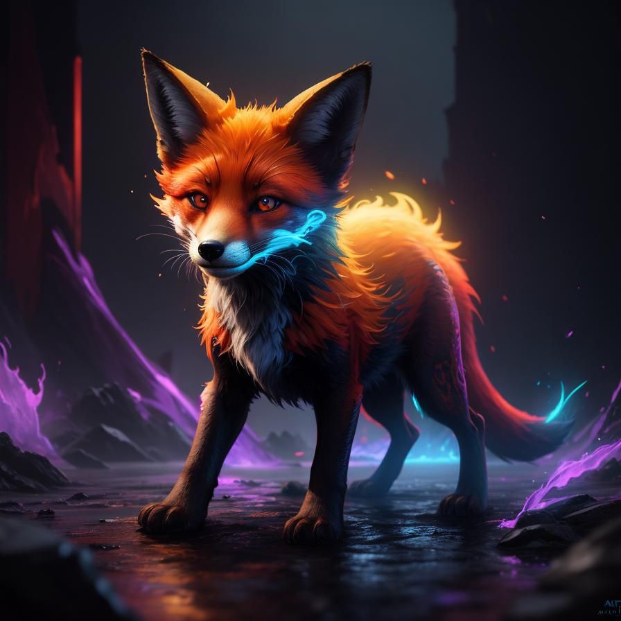 Neon Fox Puppy in Detailed Matte Painting