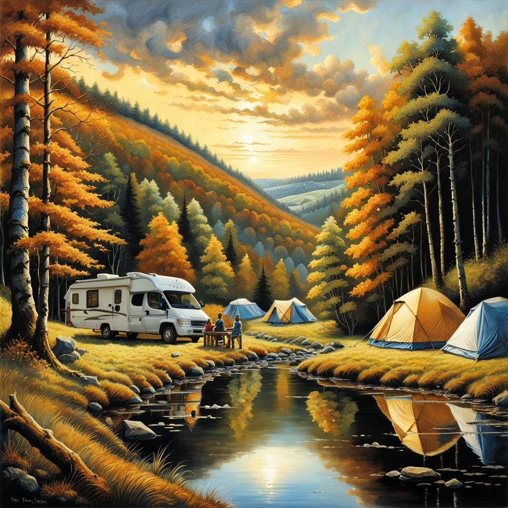 Ardennes Valley Camping, Impasto Gouache Painting