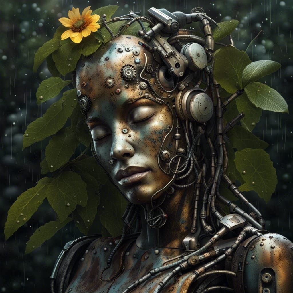 portrait of a female cyborg robot with plants and flowers growing from the head and face, closed eyes, patina, neglect, ...