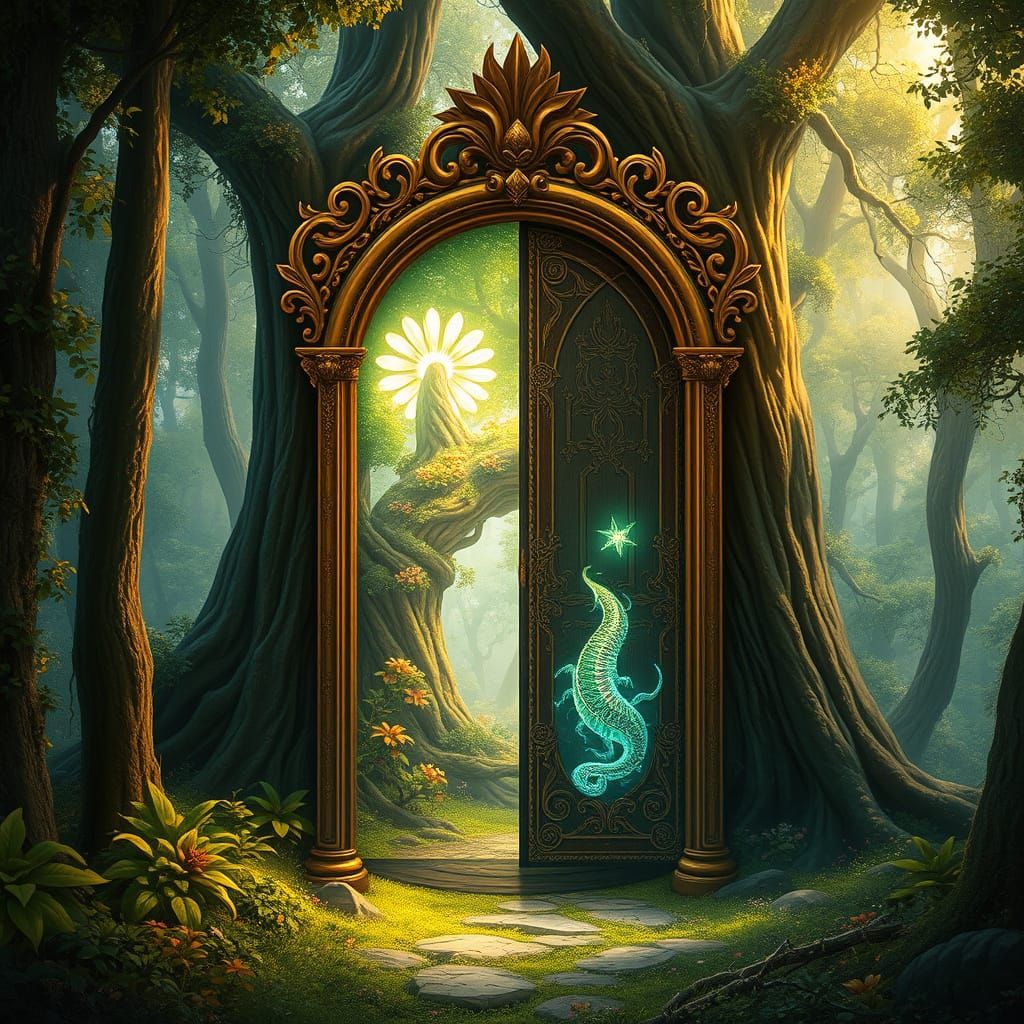 Ornate Golden Door to an Enchanted Forest Realm
