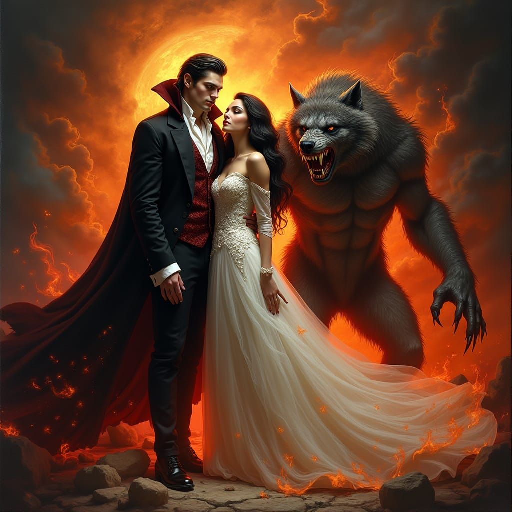 Vampire, Werewolf, and Lady in Flames
