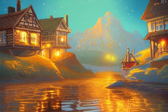 Fantastical Steampunk Town Impressionism at Night