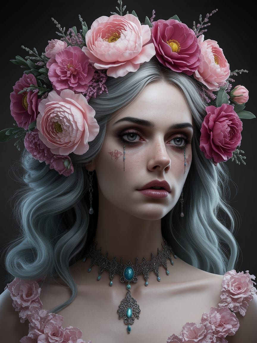 Gothic Fantasy Portrait of a Woman with Flowers