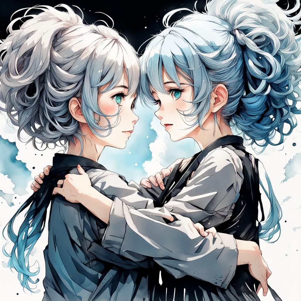 Anime Girls Hugging in Watercolor Style