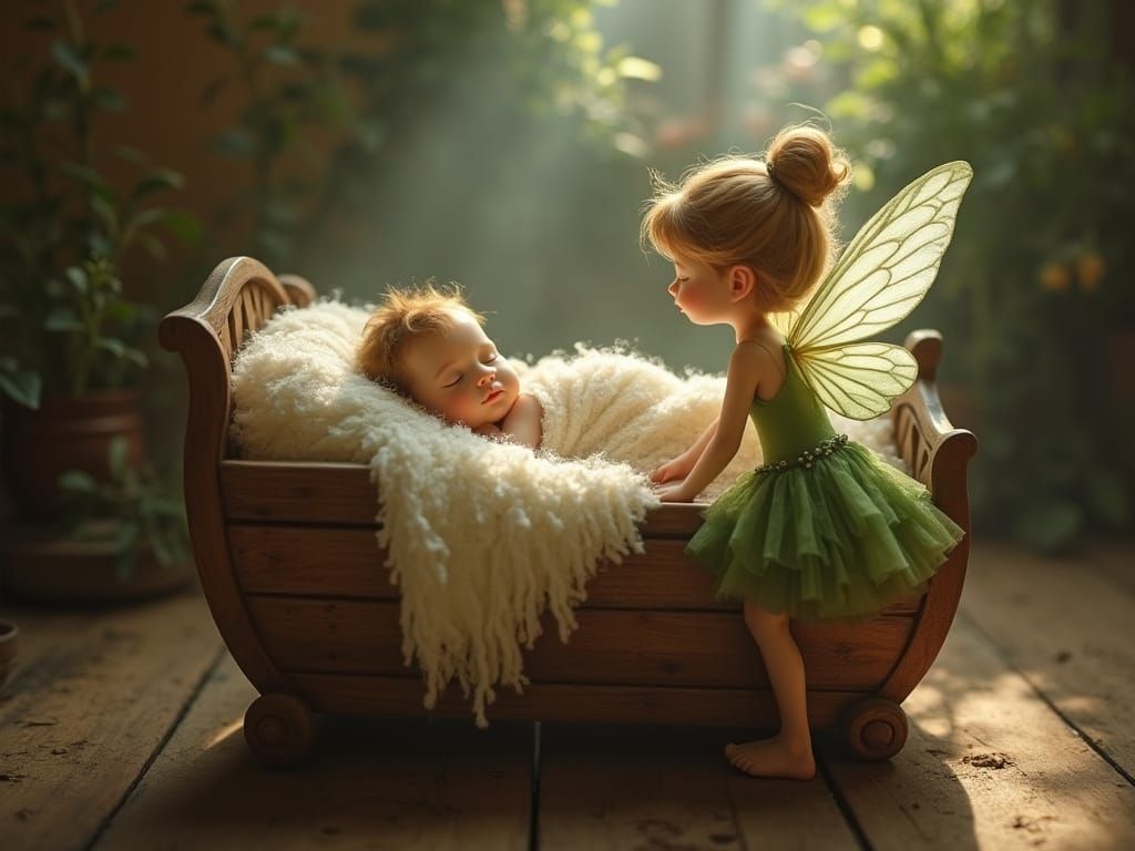 Enchanting Scene of Sleeping Baby and Fairy in Whimsical Woo...