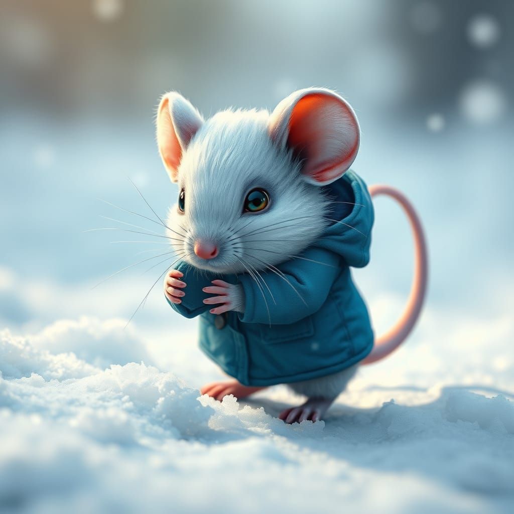 Mouse in Blue Coat Walks in Snow